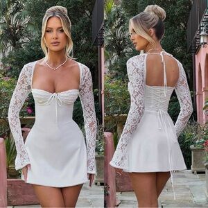 White Lace Long-Sleeve Mini Dress